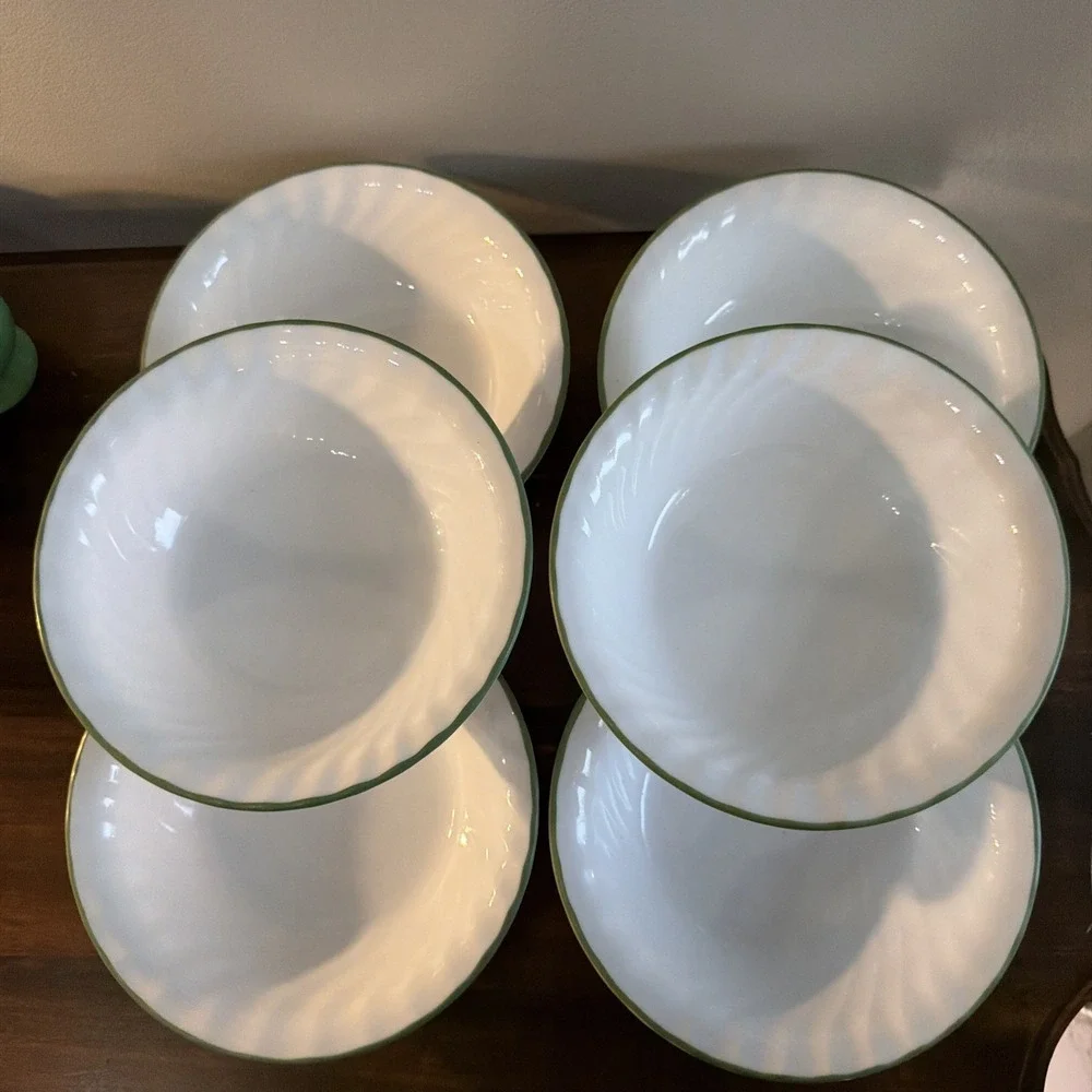 Set of 6 Corelle Chutney White Swirl Green Rim Soup Cereal Bowls 7.25